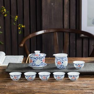 陶瓷礼品套装茶具图片，手绘功夫茶具套组印logo定制