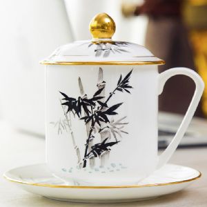 办公陶瓷茶杯套装厂家，定做陶瓷办公杯三件套